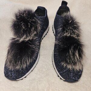 Jimmy Choo NWOT navy silver glitter knit Norway fox pompons sz 7-7.5